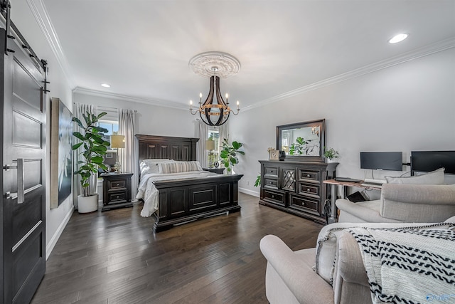 bedroom featuring dark hardwood / wood-style flooring, crown molding, a barn door, and a chandelier