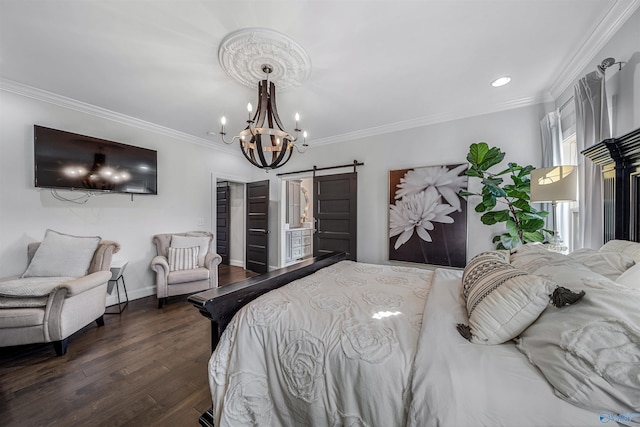 bedroom featuring dark hardwood / wood-style floors, a barn door, an inviting chandelier, and crown molding