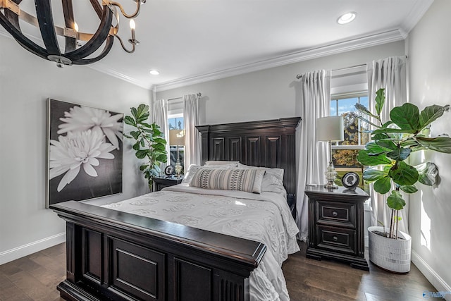 bedroom with crown molding, dark hardwood / wood-style flooring, and multiple windows