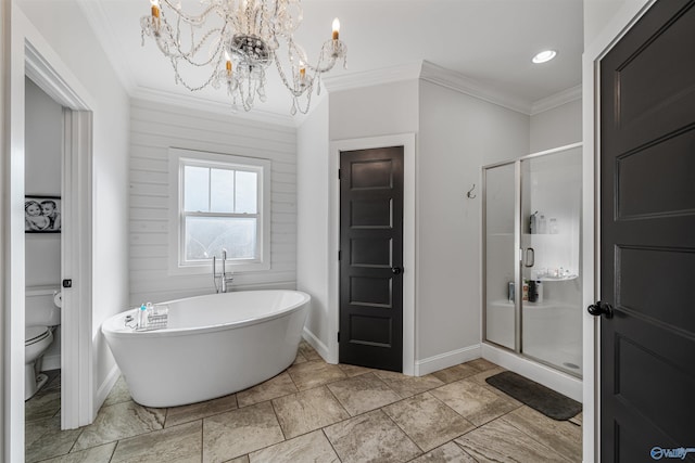 bathroom with an inviting chandelier, ornamental molding, toilet, and separate shower and tub