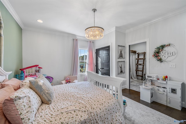 bedroom featuring crown molding, dark hardwood / wood-style floors, and a chandelier