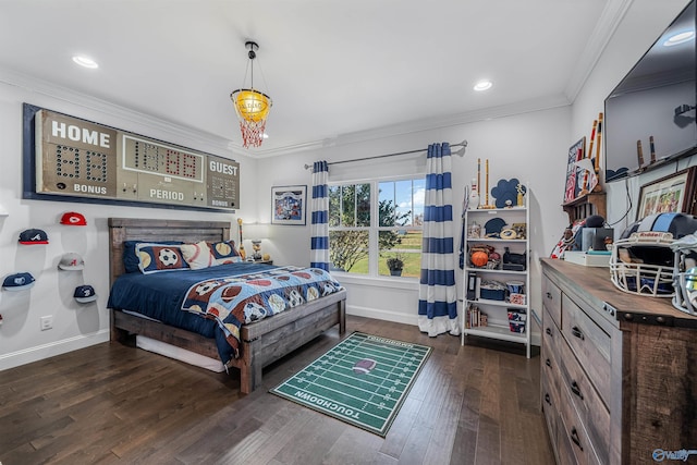 bedroom with dark wood-type flooring and ornamental molding