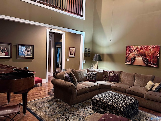 living room featuring wood-type flooring and a high ceiling