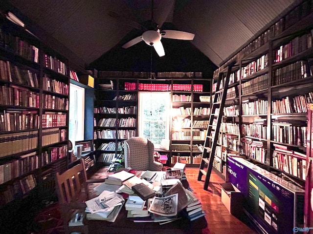 office featuring ceiling fan, hardwood / wood-style floors, and vaulted ceiling