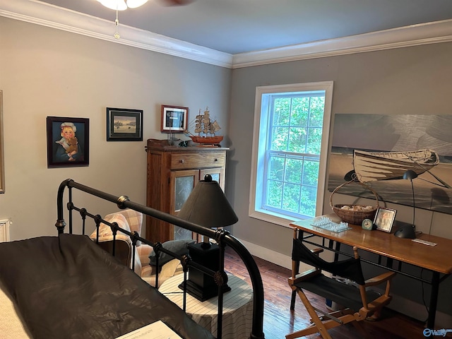 office space with hardwood / wood-style floors and ornamental molding