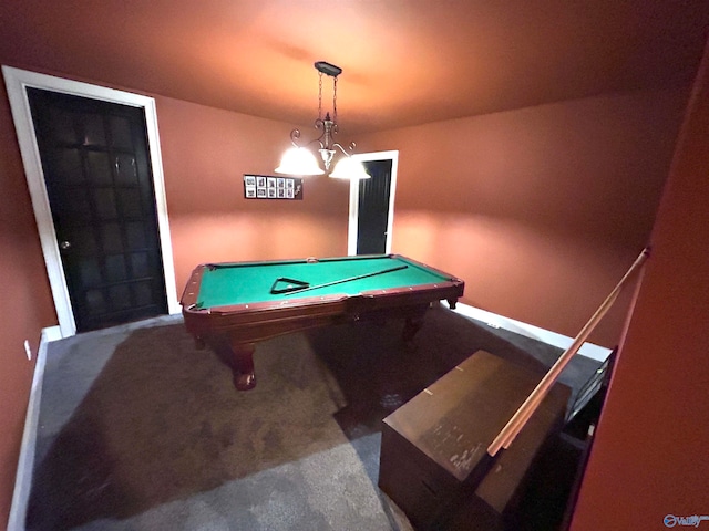 rec room with carpet and billiards