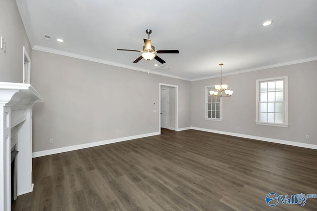 unfurnished living room featuring crown molding, dark hardwood / wood-style floors, and ceiling fan with notable chandelier