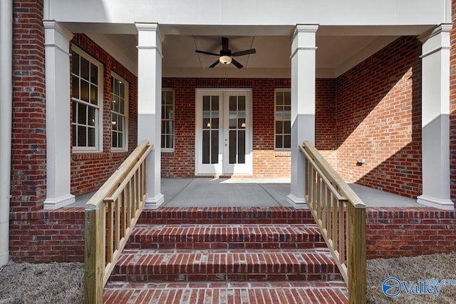 property entrance featuring french doors, ceiling fan, and a porch