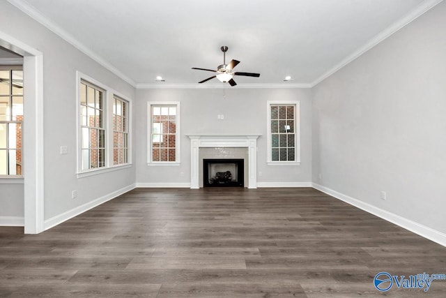 unfurnished living room with ornamental molding, ceiling fan, and hardwood / wood-style floors