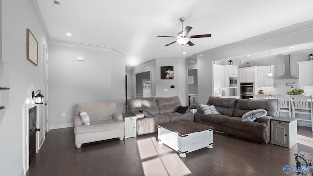 110 Ginamey Cir, Meridianville, AL 35759 - living area featuring crown molding, a ceiling fan, dark wood-style floors, and recessed lighting