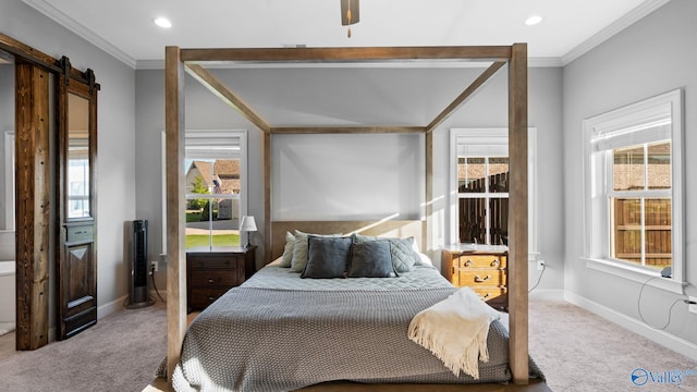 110 Ginamey Cir, Meridianville, AL 35759 - carpeted bedroom with crown molding, a barn door, and recessed lighting