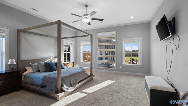 110 Ginamey Cir, Meridianville, AL 35759 - bedroom with carpet floors, ornamental molding, recessed lighting, and ceiling fan