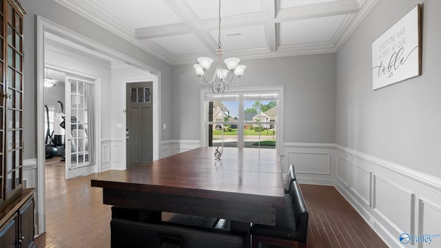 110 Ginamey Cir, Meridianville, AL 35759 - unfurnished dining area featuring a chandelier, coffered ceiling, beamed ceiling, wainscoting, and dark wood-type flooring