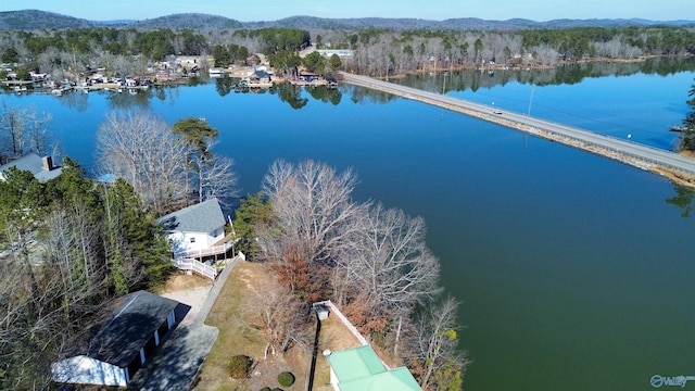 bird's eye view with a water and mountain view and a forest view