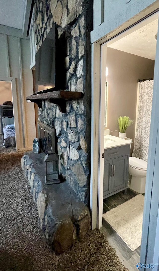 details with curtained shower, a wood stove, toilet, vanity, and wood finished floors