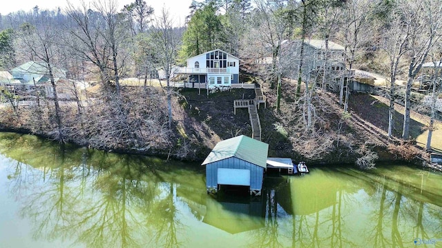 view of dock with a water view and stairs