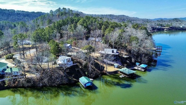 aerial view with a wooded view and a water view