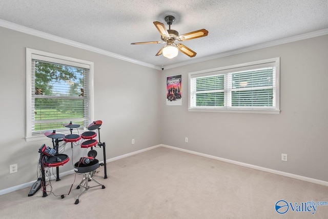 interior space featuring ornamental molding, a textured ceiling, a healthy amount of sunlight, and ceiling fan