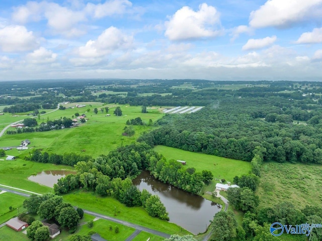 birds eye view of property with a water view and a rural view