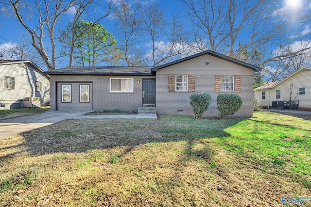 single story home with central AC and a front lawn