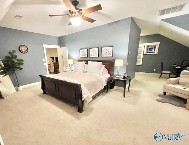 bedroom featuring ceiling fan and light carpet