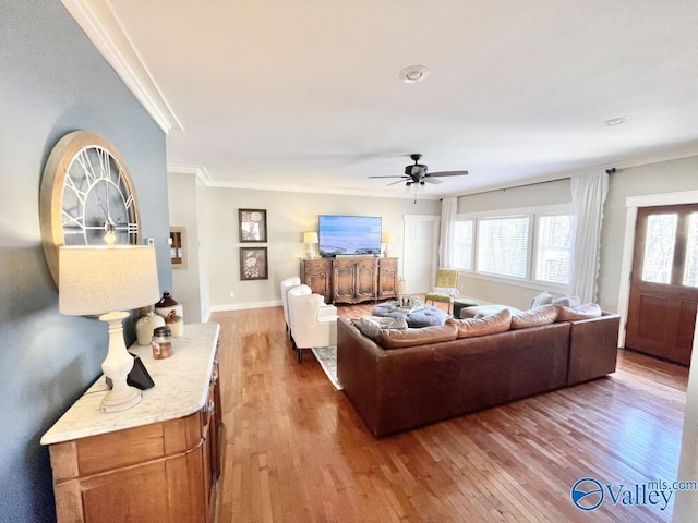 living room featuring ceiling fan, wood-type flooring, and ornamental molding