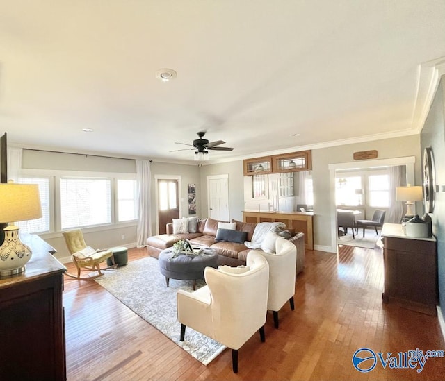 living room with hardwood / wood-style flooring, crown molding, and ceiling fan