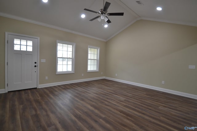 foyer featuring dark hardwood / wood-style flooring, vaulted ceiling, ornamental molding, and ceiling fan