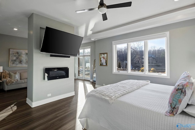 bedroom featuring dark wood-type flooring, baseboards, recessed lighting, a ceiling fan, and access to outside