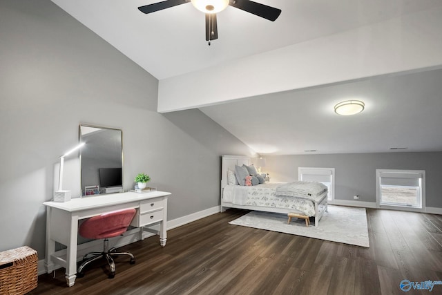 bedroom featuring vaulted ceiling, a ceiling fan, baseboards, and wood finished floors