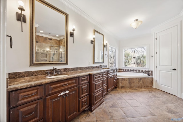 bathroom featuring independent shower and bath, ornamental molding, vanity, and tile patterned floors