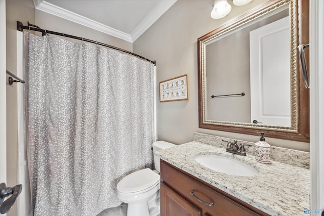 bathroom with ornamental molding, curtained shower, vanity, and toilet