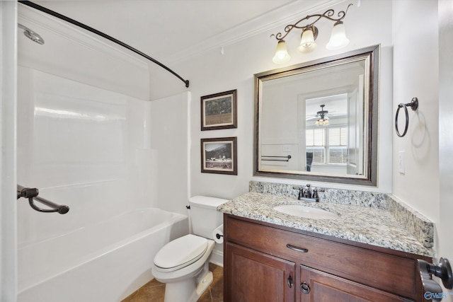 full bathroom with vanity, tub / shower combination, ornamental molding, and toilet