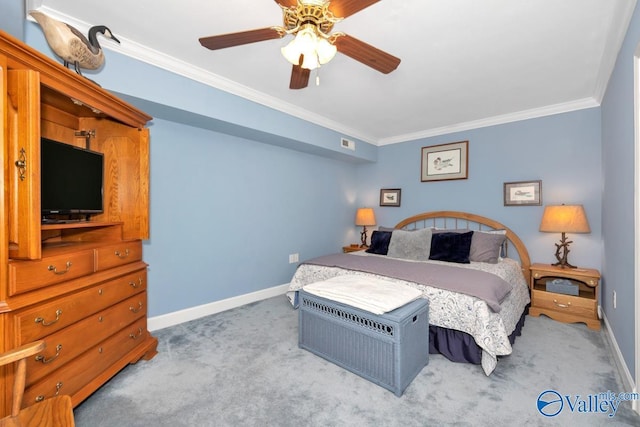 bedroom with crown molding, light carpet, and ceiling fan