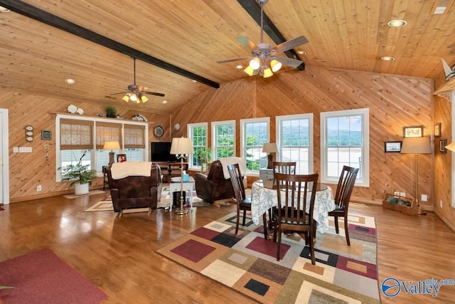 dining room featuring wood ceiling, vaulted ceiling with beams, plenty of natural light, and hardwood / wood-style flooring