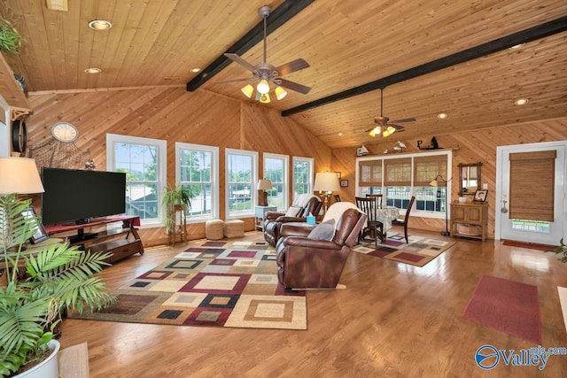 unfurnished living room with hardwood / wood-style flooring, beam ceiling, wooden walls, high vaulted ceiling, and wooden ceiling