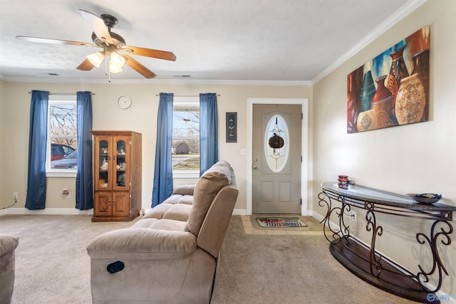 entrance foyer featuring baseboards, crown molding, and light colored carpet