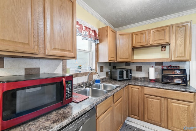 kitchen featuring ornamental molding, dark countertops, a sink, and tasteful backsplash