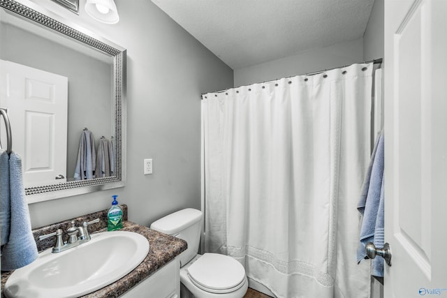 bathroom featuring walk in shower, vanity, toilet, and a textured ceiling