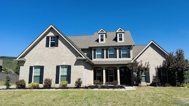 view of front facade with brick siding, a front lawn, and roof with shingles
