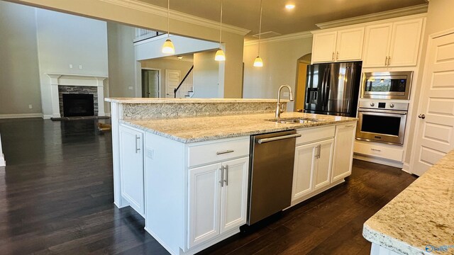 kitchen featuring appliances with stainless steel finishes, a sink, ornamental molding, dark wood-type flooring, and a stone fireplace
