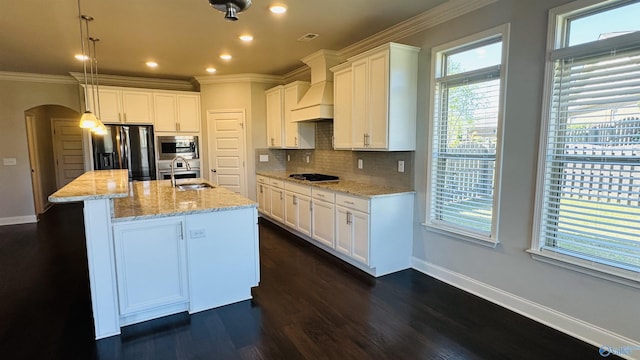 kitchen with stainless steel appliances, a sink, arched walkways, custom exhaust hood, and crown molding