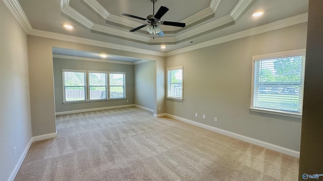 spare room featuring carpet, crown molding, baseboards, a ceiling fan, and a raised ceiling