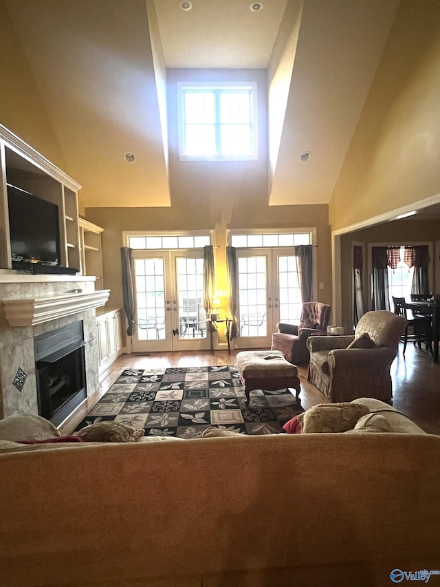 living room featuring hardwood / wood-style flooring, a healthy amount of sunlight, and french doors