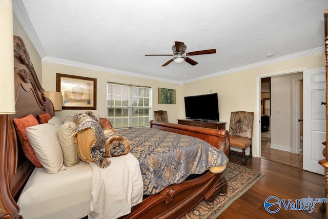 bedroom with ornamental molding, dark wood-type flooring, a textured ceiling, and ceiling fan