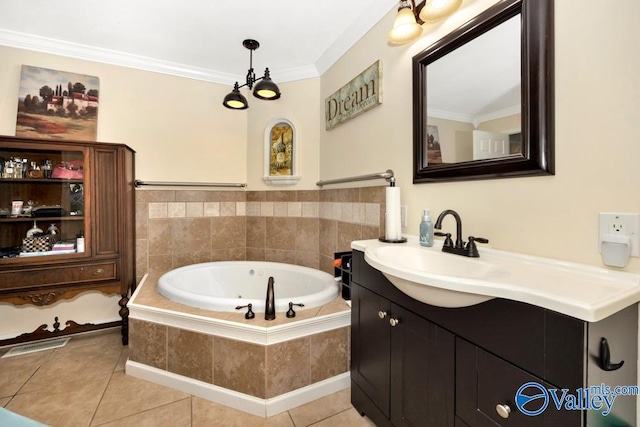 bathroom with crown molding, tile patterned floors, a relaxing tiled tub, and vanity