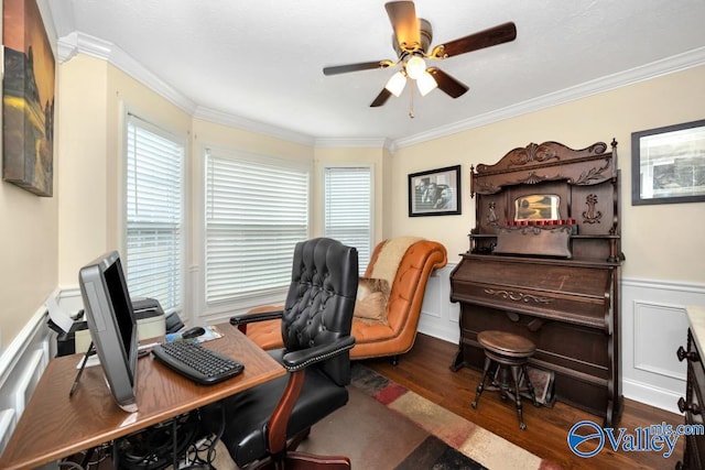 office featuring ornamental molding, ceiling fan, and dark hardwood / wood-style flooring