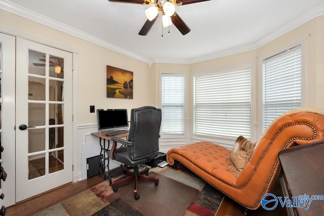 office space with crown molding, hardwood / wood-style flooring, french doors, and ceiling fan