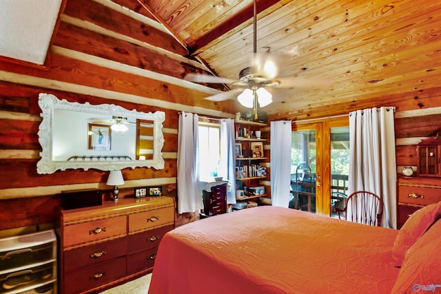 bedroom featuring wood ceiling, vaulted ceiling, ceiling fan, and access to outside