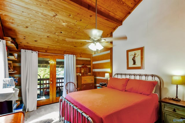 bedroom featuring access to outside, ceiling fan, wood ceiling, lofted ceiling with beams, and light colored carpet